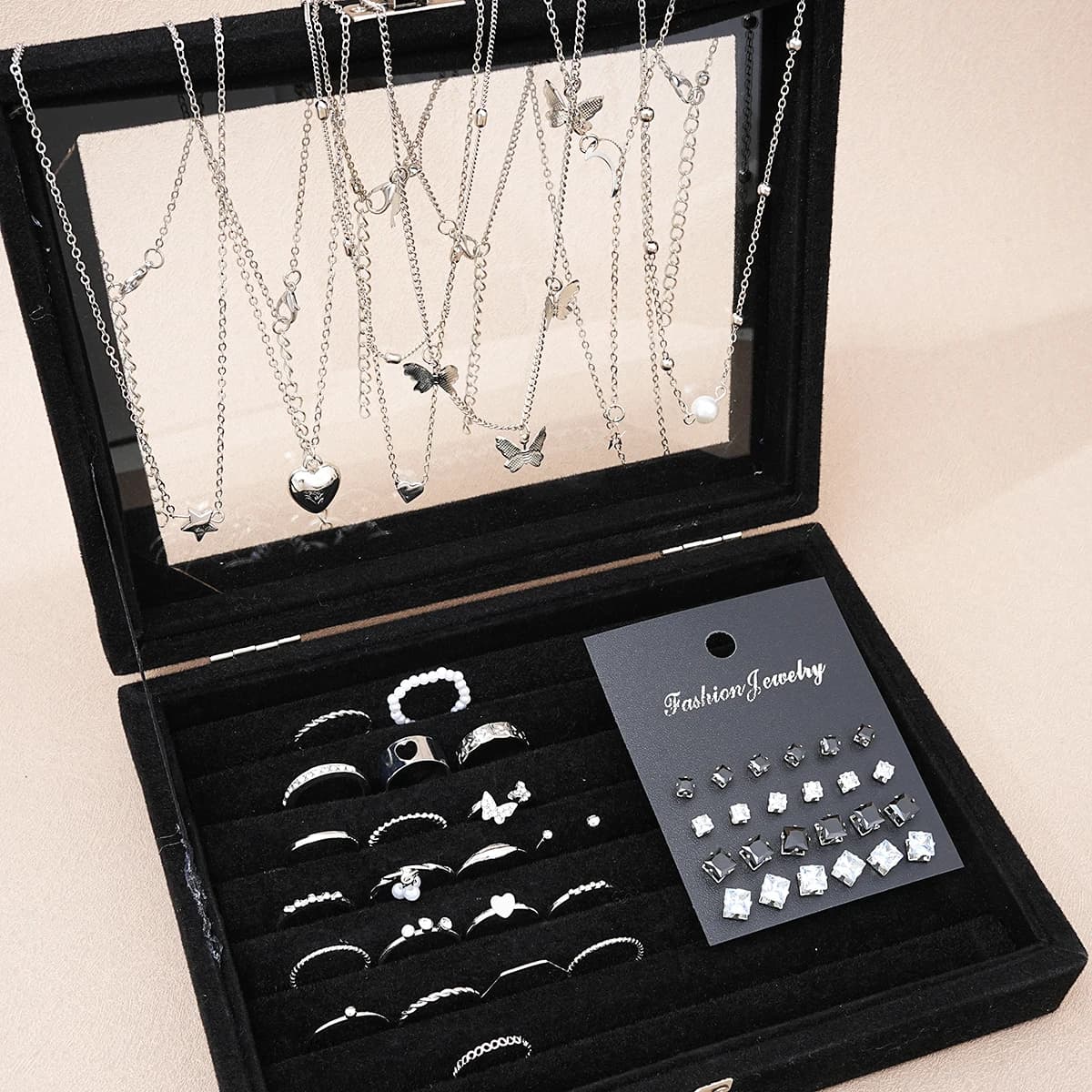 סט תכשיטים לנשים Silver Color עם שרשראות, עגילים וטבעות