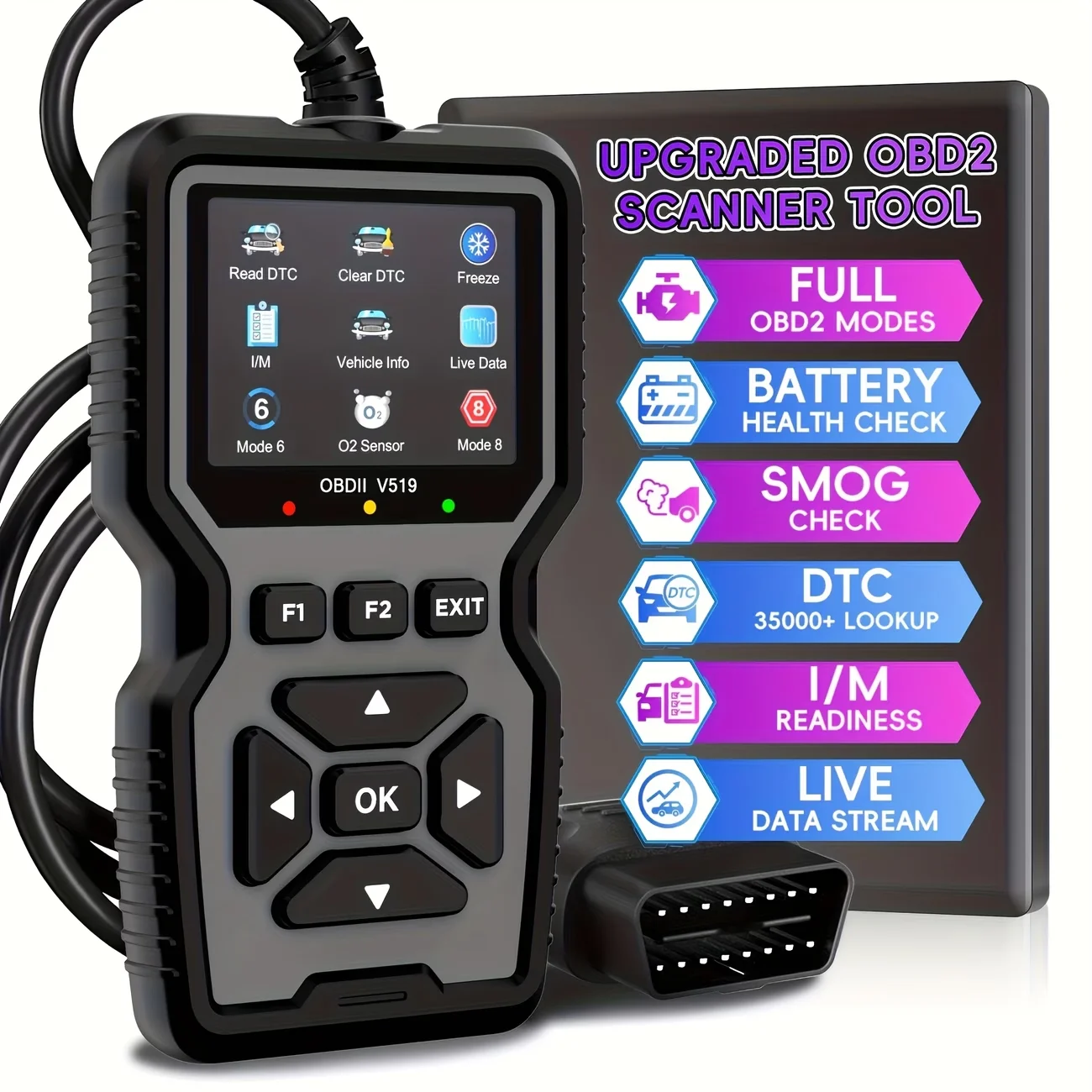 V519 סורק OBD2 לרכב עם בדיקת סוללה ו-Live Data