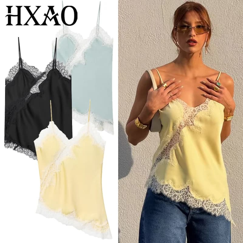 HXAO טופ סאטן אסימטרי תחרה לנשים