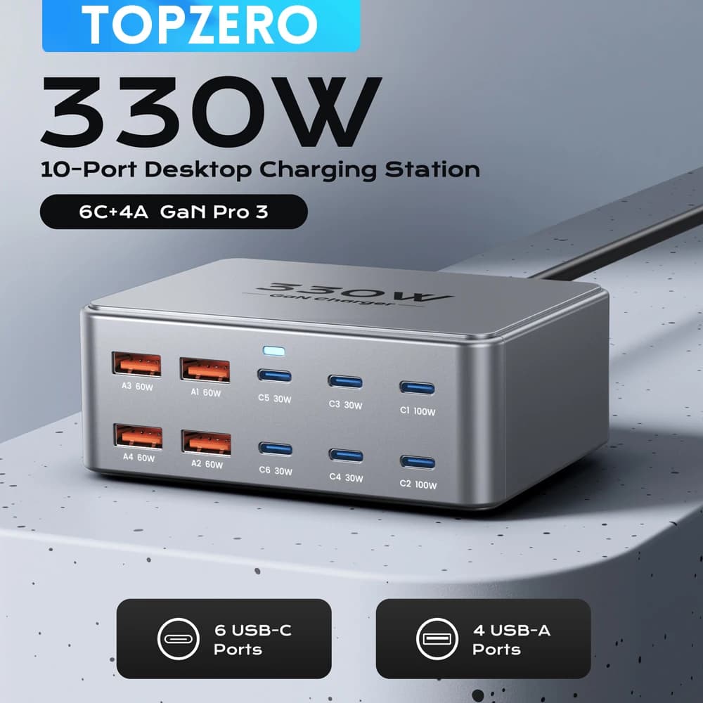 מטען שולחני GaN 330W עם 10 יציאות USB-C/USB-A